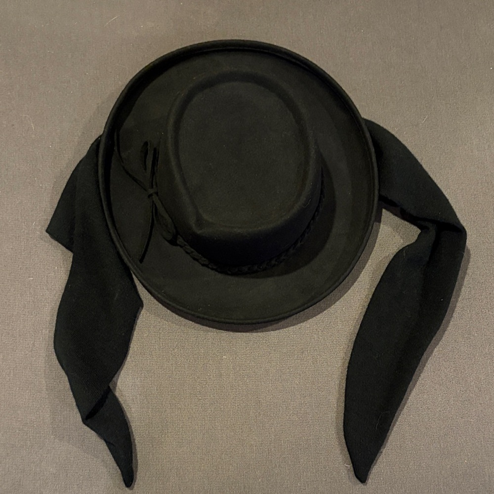 August Hats Black Wide Brim Hat with Ribbon Ties